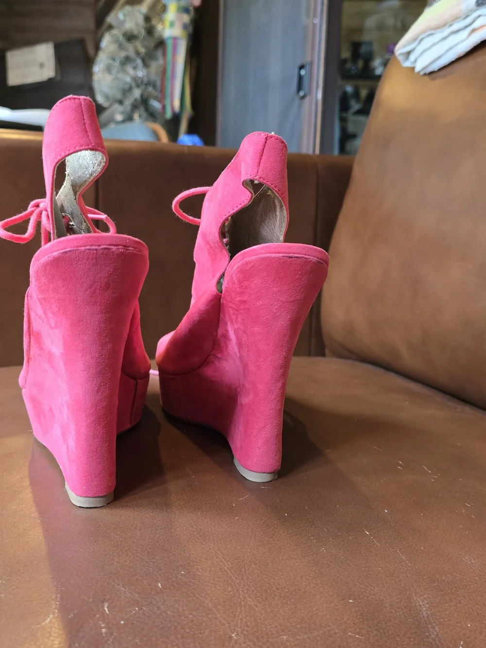 Charlotte Russe Hot Pink Lace-Up Suede Wedge Sandals